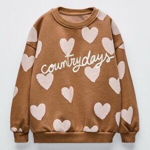 Zara Tan Sweatshirt with Cream Heart Design.NWT.